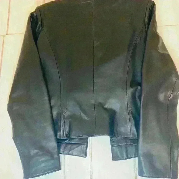 Chicos size 1 black leather jacket jewel trim neckline and front 3 snap closure - Picture 2 of 6